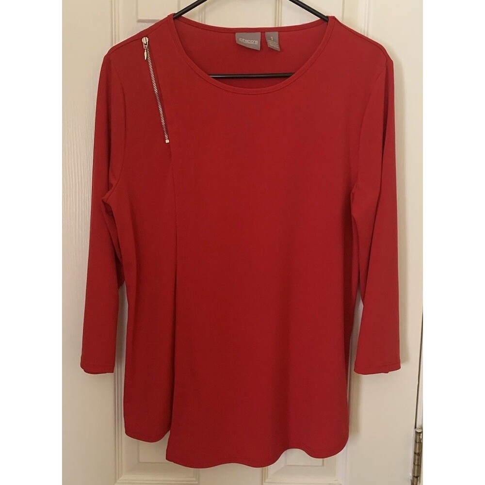 Chicos Size 1 Womens Medium Top Red With Zipper Accent Stretch 3/4 Sleeves